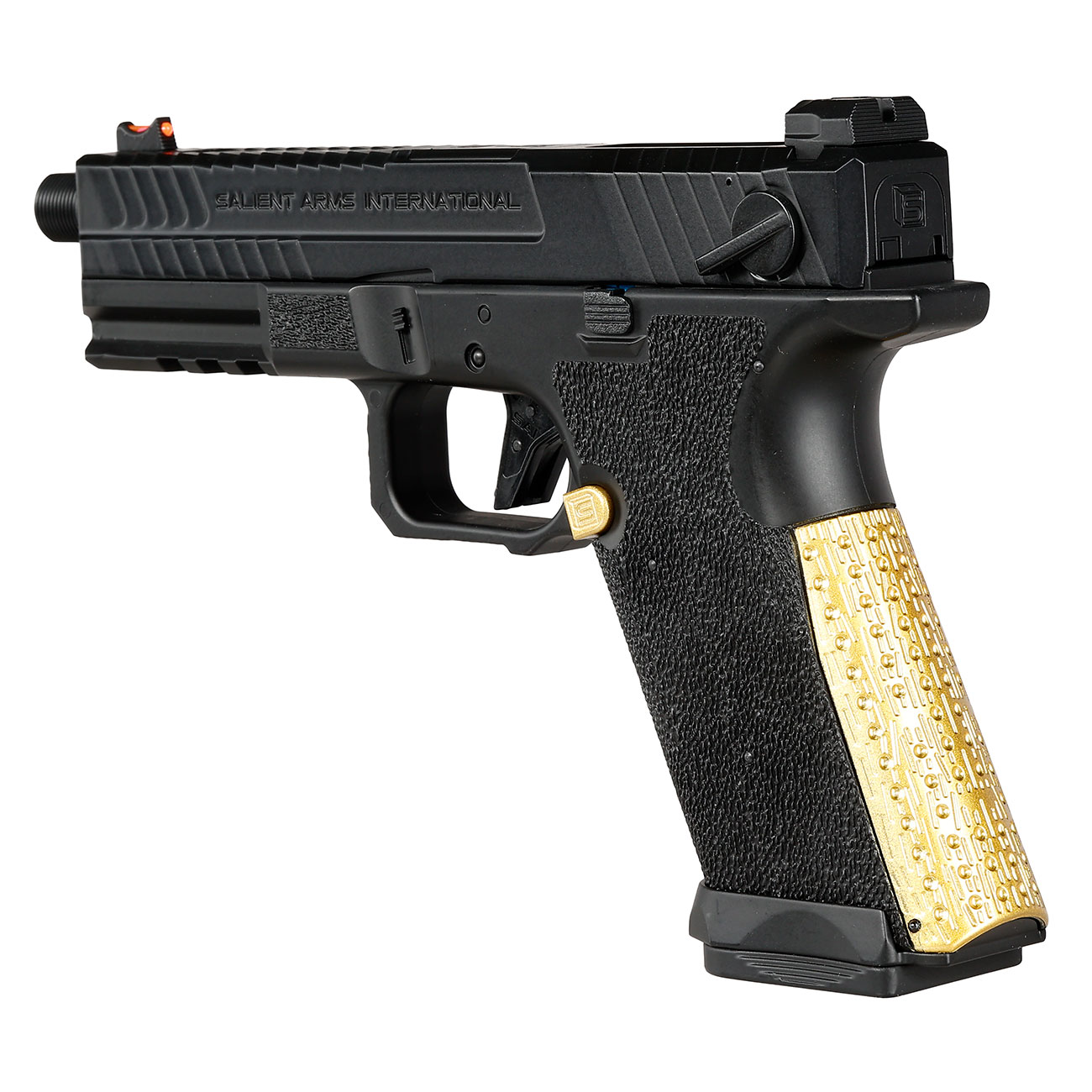Cyma CM.135UP - Salient Arms Int. BLU mit Metallschlitten Komplettset AEP 6mm BB schwarz / gold - MosFet + LiPo Version + incl. 100 Schuss high cap Magazin – Bild 6