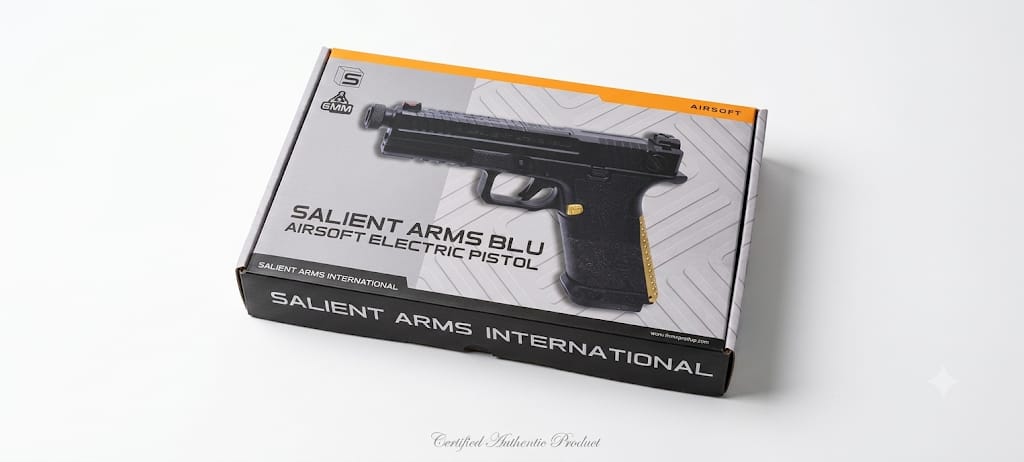 Cyma CM.135UP - Salient Arms Int. BLU mit Metallschlitten Komplettset AEP 6mm BB schwarz / gold - MosFet + LiPo Version + incl. 100 Schuss high cap Magazin – Bild 8